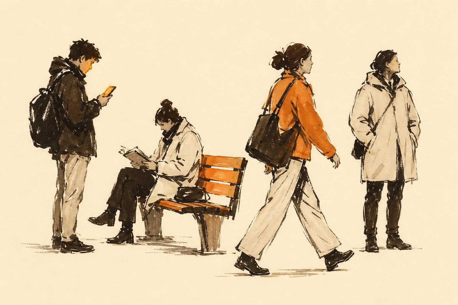 An ink-and-gouache illustration of four people on a city train platform — one looking at a phone, one reading on a bench, one mid-stride with a shoulder bag, one waiting in a coat — everyday behavior in the wild.